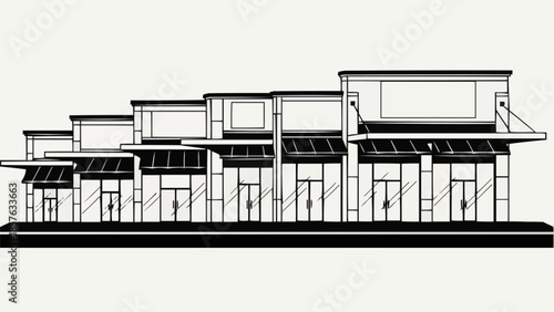 Commercial Building Facade Illustration with Multiple Storefronts.