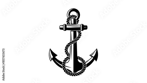 Classic Ship Anchor with Rope Isolated White Background, Nautical Marine Stability Symbol