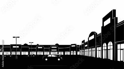 Silhouette of a Shopping Center with a Car in the Parking Lot.