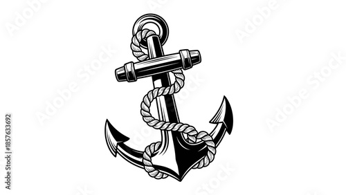 Classic Ship Anchor with Rope Isolated White Background, Nautical Marine Stability Symbol