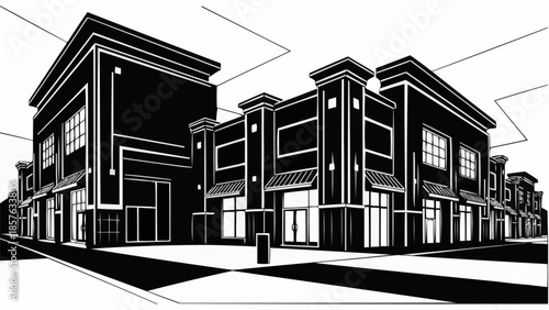 Architectural Illustration of a Commercial Building Complex in Black and White.
