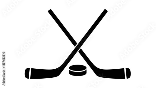 Crossed Ice Hockey Sticks and Puck Icon on Isolated White Background, Symbolizing Winter Sport and Competition.