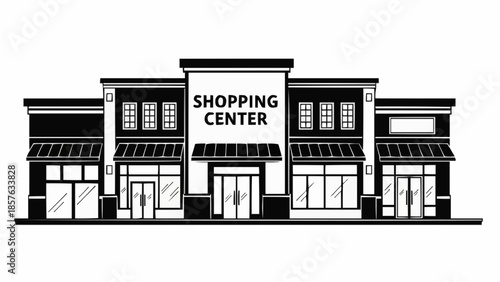 Black and White Shopping Center Illustration with Multiple Storefronts.