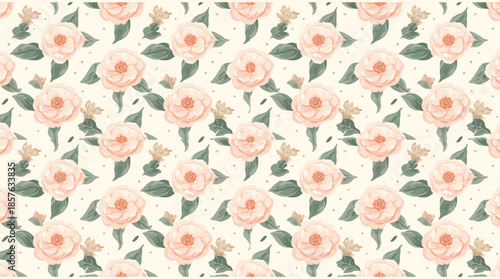 Vector template featuring a Camellia flower motif pattern in a flat design style, with stylized petals and leaves, bold lines, and a minimalist aesthetic