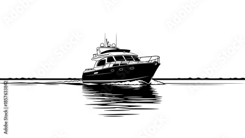 Luxury Yacht Boat Cruising on Calm Water Surface in Elegant Monochromatic Vector Illustration