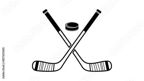 Crossed Ice Hockey Sticks and Puck Equipment in Simple Monochromatic Vector Illustration