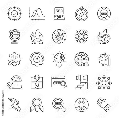 Seo and marketing icons set. editable line icons, analytics and strategy symbols