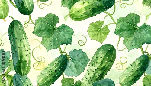 Watercolor painted cucumbers with vines and leaves scattered across a blended pastel yellow-green background