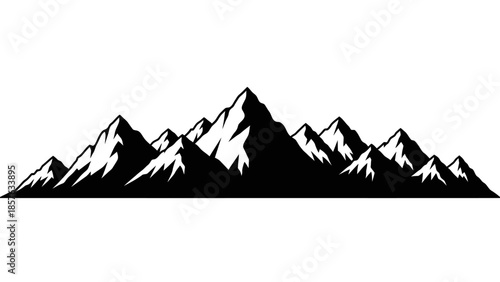 Majestic Mountain Peaks Horizon Silhouette on Isolated White Background