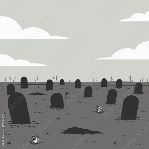 Grayscale cartoon illustration of a desolate graveyard with numerous dark gravestones and skeletal hands emerging from the barren ground under a cloudy sky.