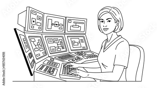 Focused Woman Working at Multi-Monitor Control Center Desk, in Bright Studio