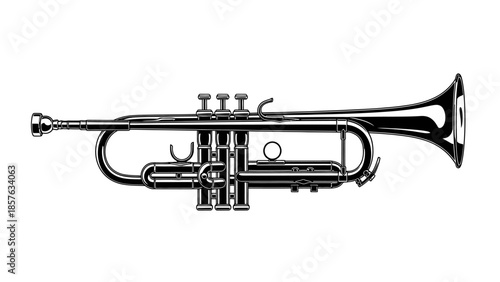 Detailed Black and White Trumpet Musical Instrument, Classic Brass Band Equipment on Isolated White Background