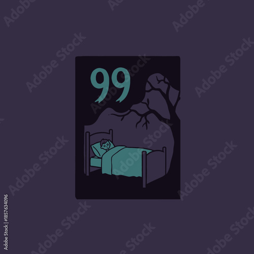 A dark illustration of a person sleeping in a bed under a bare tree with the number 99 in a spooky night scene.
