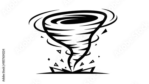 Powerful tornado whirlwind with flying debris, natural disaster concept, isolated white background.