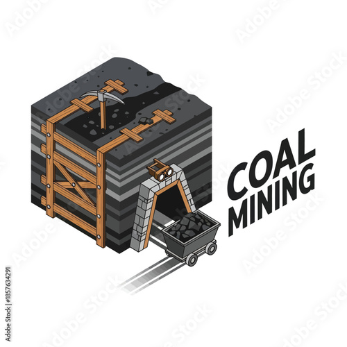 Coal Mining Operation with Cart and Tracks.