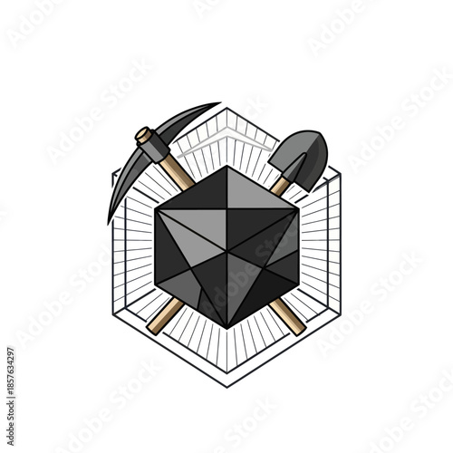Black Diamond Gemstone with Mining Tools.