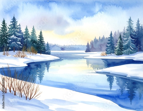 Watercolor painting depicting a serene winter landscape with a snow-covered forest and a calm, blue river running through