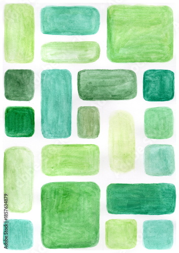 An abstraction executed in watercolor. The work is built on a rhythmic arrangement of rectangles and squares with soft, rounded corners. Figures of varying sizes are arranged in a semblance of an orde