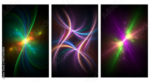 Abstract fractal light streaks and glowing energy bursts in dark space image