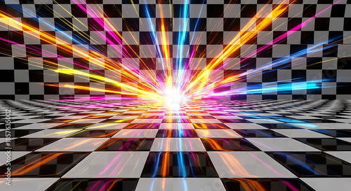 Black white checkered floor and wall with bright colorful light streaks abstract background