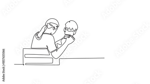 Caring mother and dad supporting sad teen son. emosional support. Growing family life stage concept. Single line draw design. Full length animation illustration. High quality 4k footage