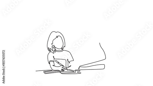Happy child and adult are sitting at desk. Girl doing homework. parenting. Growing family life stage concept. Single line draw design. Full length animation illustration. High quality 4k footage