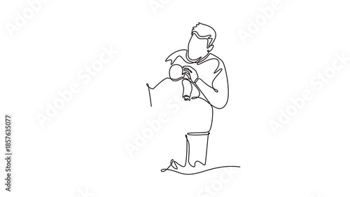 Happy mother father with newborn baby at home. Growing family life stage concept. Single line draw design. Full length animation illustration. High quality 4k footage