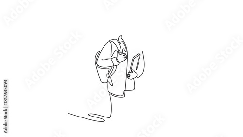 student with backpack and notebook. Education. Growing family life stage concept. Single line draw design. Full length animation illustration. High quality 4k footage