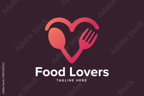 Red Heart with Fork and Spoon Cutlery Vector logo template