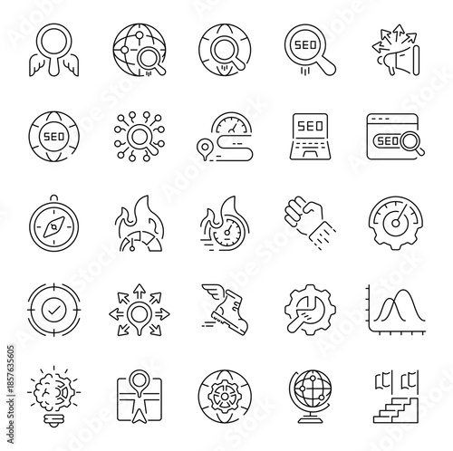 Seo tools icons set. editable line icons, flat style, digital marketing symbols