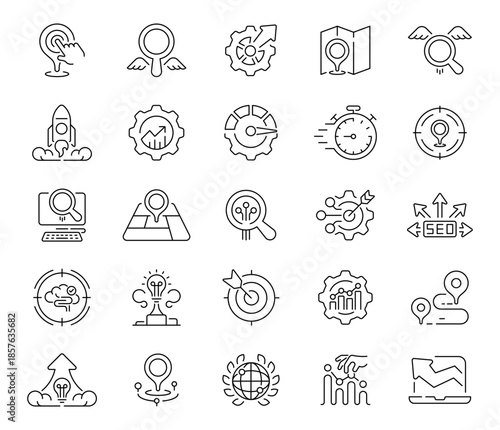 Seo tools icons set. editable line icons, flat style, digital marketing symbols