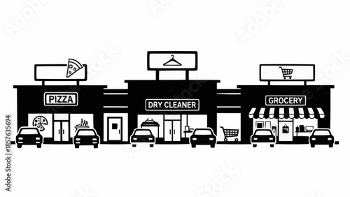 Strip Mall with Pizza, Dry Cleaner, and Grocery Store Fronts.