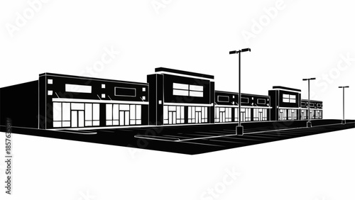 Commercial Building Facade Illustration with Parking Lot.