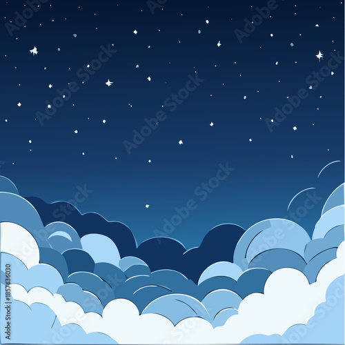 Serene starry night sky with fluffy clouds at dusk