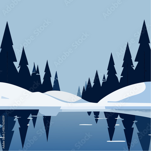 Serene winter landscape with snow covered trees reflected in calm lake