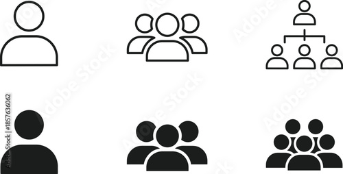 Minimalist user profile and team management web icons set featuring group avatars and organizational hierarchy chart symbols for interface design