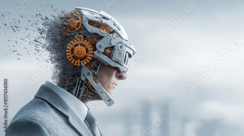 Disintegrating futuristic cyborg businessman head reveals mechanical gears automation and robotic mind in surreal digital concept art style