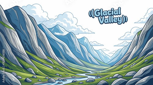 glacial valley shaped by ancient ice features smooth U-shaped slopes, alpine terrain, and a cold, expansive mountain environment