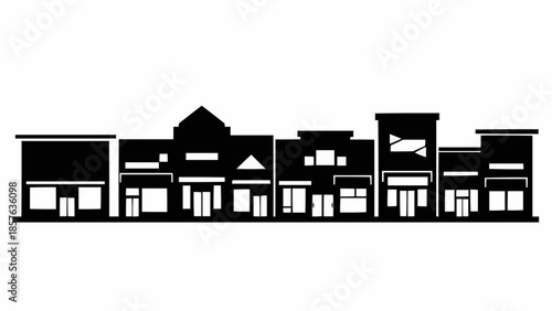 Silhouette of a row of commercial buildings in a town.