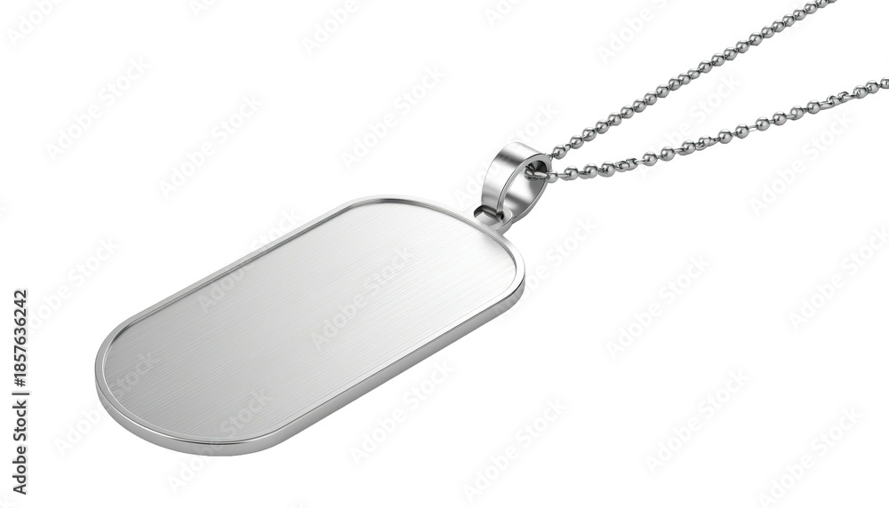 Fototapeta premium Silver tag pendant, round-edge, chain, isolated