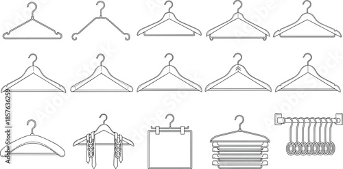 Comprehensive clothes hanger icons set featuring wooden plastic and metal hanger silhouettes with laundry rack symbols for fashion retail and closet organization