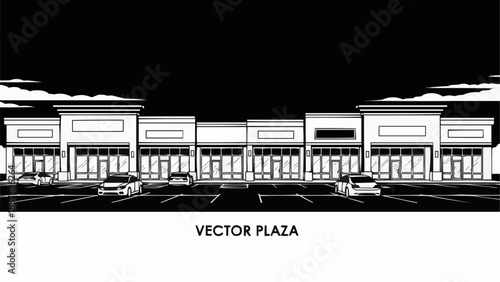 Vector Plaza Illustration - Commercial Retail Building with Parking.