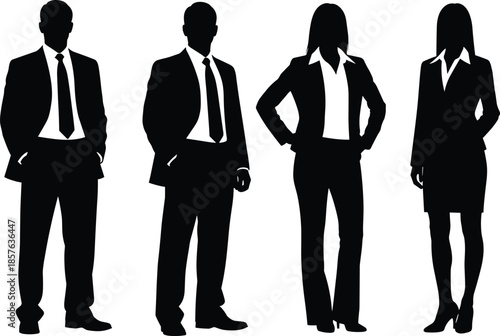 Business silhouette, formal attire, corporate fashion, professional posture, team diversity, office wear, black figure, unity, career, workplace, businesswoman, businessman, modern style, 