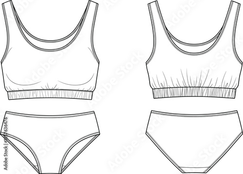 Technical fashion flat sketch of women sports bra and high waisted panties set with front and back views for lingerie design