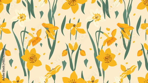 Vector template featuring a stylized narcissus flower motif in a repeating pattern, designed with a flat design aesthetic, incorporating smooth lines