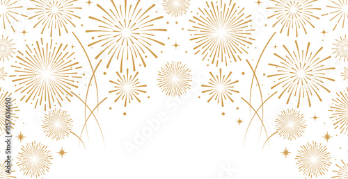 Elegant gold fireworks burst and sparkling stars on clean white background, festive celebration illustration for New Year, holiday party, greeting card, luxury event design, minimalist style vector.