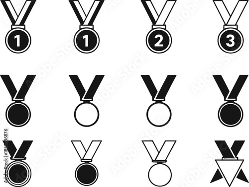 Vector sports award medals icon set featuring first second and third place winner gold silver and bronze trophy symbols with ribbons