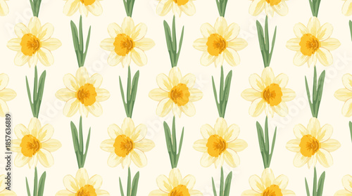 Vector template featuring a stylized narcissus flower motif in a repeating pattern, designed with a flat design aesthetic, incorporating smooth lines