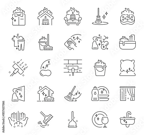 Cleaning icons set. editable line icons, outline style, maintenance and hygiene