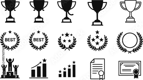 Vector achievement icons set featuring trophy cups laurel wreaths winner podium and certificate symbols for business success and competition awards